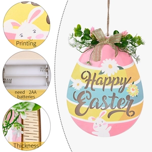 Easter egg wooden door sign with LED light, Happy Easter print and floral bow