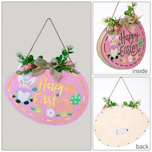 Easter wooden gnome door sign with Happy Easter greeting and LED battery box
