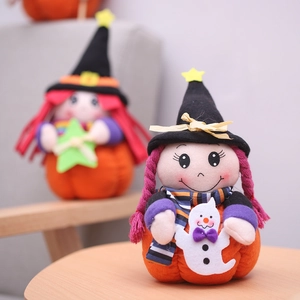 Halloween plush pumpkin witch dolls with wizard hats for festive tabletop decoration