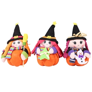 Three-piece Halloween witch dolls set with plush pumpkin bases and festive accessories