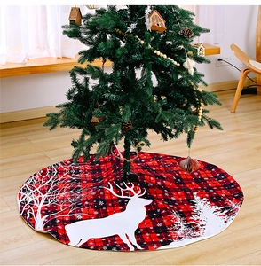 Close-up of a 120cm red black buffalo plaid Christmas tree skirt with reindeer pattern