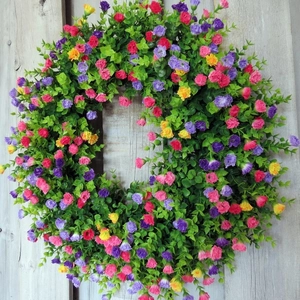 Couronne de Fleurs Artificielles Printemps Colorée Guirlande de Porte Feuilles Vertes pour Maison Jardin Décoration