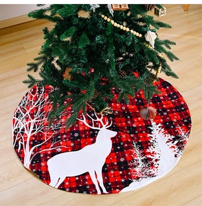 Detailed close-up of 120cm red and black buffalo plaid Christmas tree skirt with elk motifs