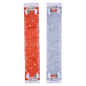 Christmas table runner with gnome illustrations and snowflakes in red and blue color variants