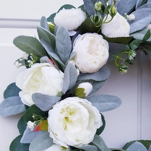 Elegant white peony wreath with grey-green flocked leaves for home door wall decor