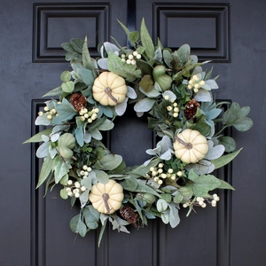 Artificial Autumn Wreath With White Pumpkins Eucalyptus Leaves Pine Cones For Front Door Thanksgiving Halloween Home Decor