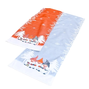 Christmas table runner with gnome prints and forest snowflake patterns for holiday decor