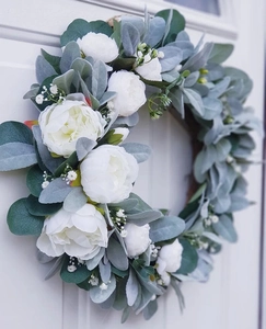 White faux peony wreath with sage green lamb's ear leaves for front door decor