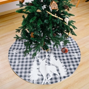 Grey and white buffalo plaid Christmas tree skirt featuring reindeer and forest silhouette