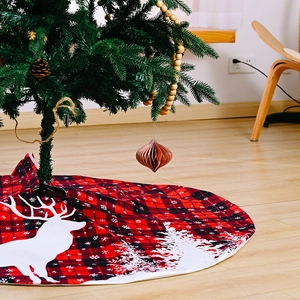 120cm red and black plaid Christmas tree skirt with white reindeer and forest pattern