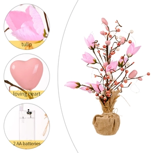 Pink tulip flower tree decoration with LED lights and heart ornaments for home decor