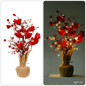Mother's Day tulip tree ornament with red hearts, berries, and LED lights in burlap base