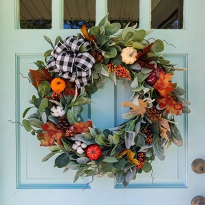 Herbst Eukalyptus Kürbis Kranz Buffalo Plaid Schleife Herbsternte Kranz Für Haustür Erntedankfest Deko Haus Wand Ornament