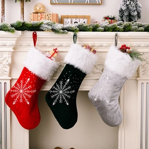 Large Christmas Stocking With Embroidered Snowflake White Plush Cuff Fabric Gift Bag For Fireplace Holiday Home Decor