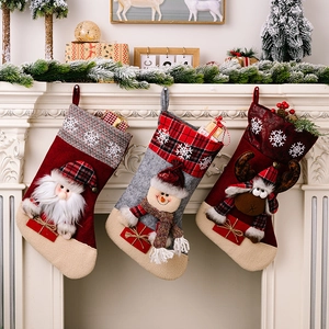 Large Christmas Stockings 3D Plush Cartoon Santa Snowman Reindeer Gift Socks Snowflake Plaid Festive Fireplace Hanging Decoration