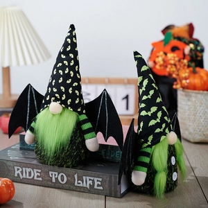 Halloween gnome set with green beards and bat wings for spooky tabletop decoration