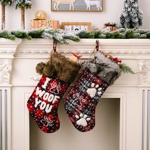 Calza di Natale per Animali Domestici a Quadretti Con Polsino in Pelliccia Sintetica Applicazione Impronta Scritta I Woof You