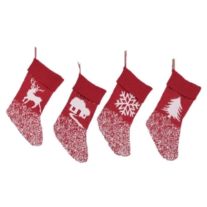 Set of 4 red knitted Christmas stockings with elk and snowflake patterns for home decor