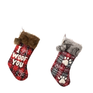 Calze natalizie a quadretti con bordo in ecopelliccia ricamo a zampa e scritta I WOOF YOU