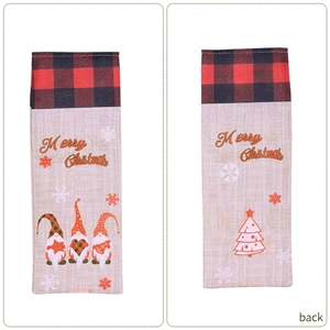 Christmas gnomes buffalo plaid wine bottle bag with Merry Christmas linen texture