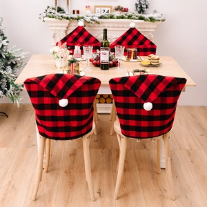 Christmas Buffalo Plaid Chair Cover With White Pom Pom Red Black Checkered Christmas Hat Shaped Chair Back Cover Home Decor