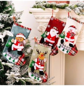 Set of four burlap Christmas stockings with 3D Santa, reindeer, bear, and snowman appliques