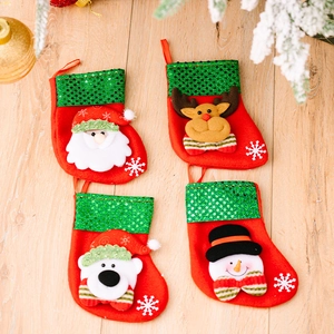 Set of 4 Christmas stockings with 3D cartoon characters and green sequined cuffs