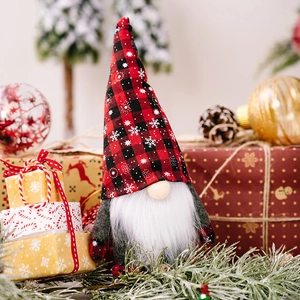 Christmas gnome doll with red black plaid snowflake hat and white beard decoration