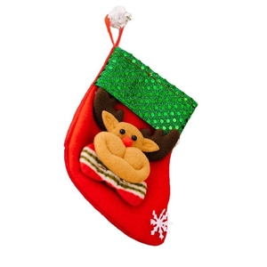 Christmas stocking with red plush fabric, green sequins, and a 3D reindeer design