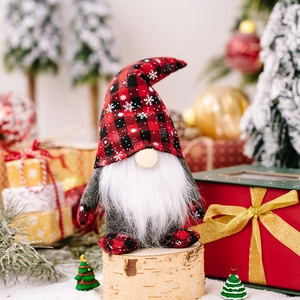 Christmas gnome plush with red plaid snowflake hat and white beard holiday decor