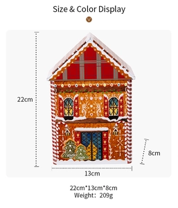 Detailed size chart of gingerbread house tin box measuring 22x13x8cm and weighing 209g