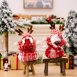 Christmas Reindeer Antlers Gnome Plush Figurine Gift Bag Red White Checkered Scandinavian Tomte Desktop Decoration For Home