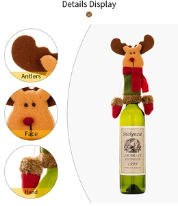 Detailed views of reindeer wine bottle cover with soft felt antlers and cozy red scarf