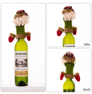 Detailed multi-angle views of Santa Claus wine bottle cover with faux fur and beard