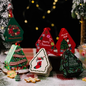 Christmas Tinplate Gift Container House Tree Shape Cartoon Printed Candy Packaging With Hanging Ribbon For Festival Decor