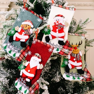 Large Christmas Stocking Faux Linen Applique Santa Snowman Elk Bear Hanging Gift Bag Fireplace Christmas Tree Decoration