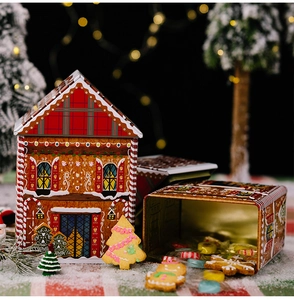 Macro detail of house-shaped Christmas gingerbread tin box with festive plaid roof pattern