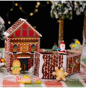 Macro view of gingerbread house shaped tin gift box with Christmas candy patterns