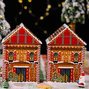 Christmas Gingerbread House Shaped Tinplate Box Plaid Edge Cartoon Print Metal Gift Box For Candy Cookie Storage