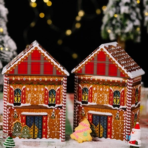 Gingerbread house tin boxes with festive plaid roofs and holiday prints in two-piece set