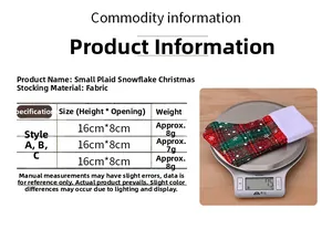 Size chart showing 16x8cm mini Christmas plaid stocking dimensions and weight details