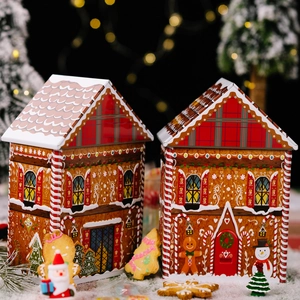 Gingerbread house Christmas tin boxes with festive patterns and slanted lids in two-piece set