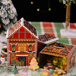 Christmas gingerbread house tin box set with red plaid roof for candy gift packaging