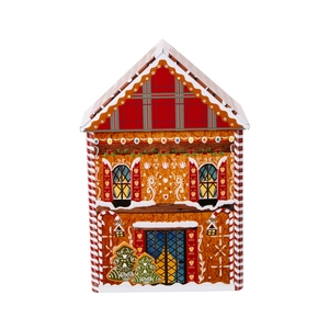 Christmas gingerbread house tin box with candy patterns and snowflake roof decor