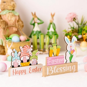 Osterdeko aus Holz mit Hasen und Gnomen, Tischdekoration mit Happy Easter Schriftzug