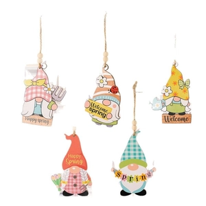 Five-piece wooden Easter gnome pendants with spring floral patterns and hanging twine