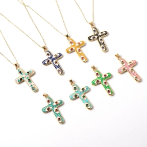 Cross necklace with evil eye enamel charms in multiple colors and gold chain