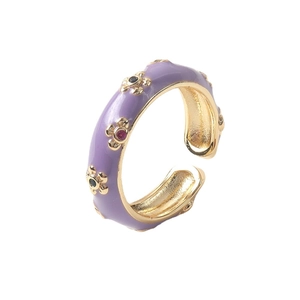 Bague fleur en émail violet de luxe plaquée or avec anneau ouvert ajustable