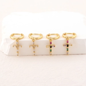 Minimalist 18k gold plated cross earrings set with clear and multicolor square zircons