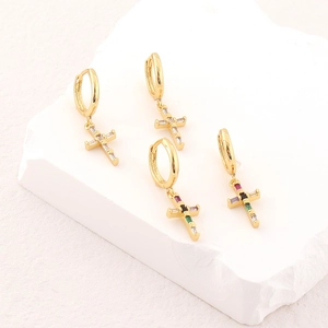18k gold plated cross hoop earrings with multi-color and clear baguette-cut zircons